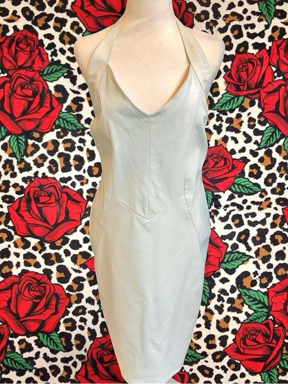 Vintage 80s 90s Rare Maurada White Leather Halter Midi Biker Dress- XL / 14